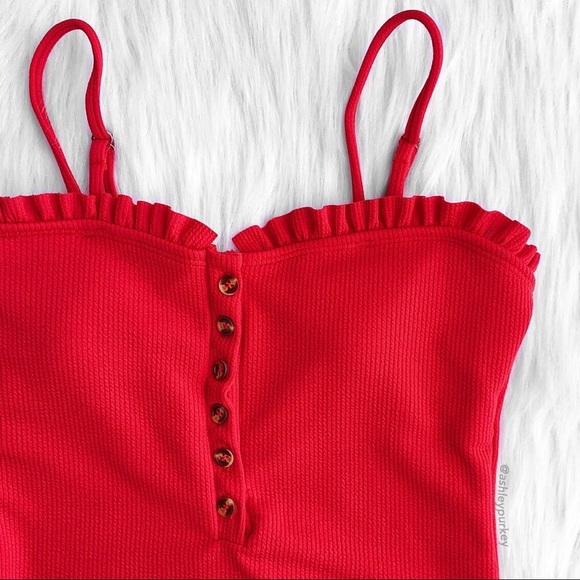 ❤️SALE❤️ Red ribbed button ruffle trim one piece - Picture 2 of 4